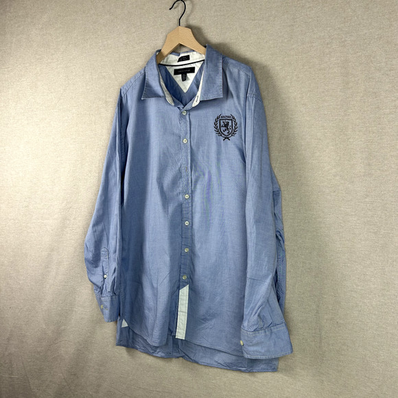 Tommy Hilfiger Mens Button Up Chambray Shirt Size XXL Preppy Embroidered Crest - Picture 2 of 11